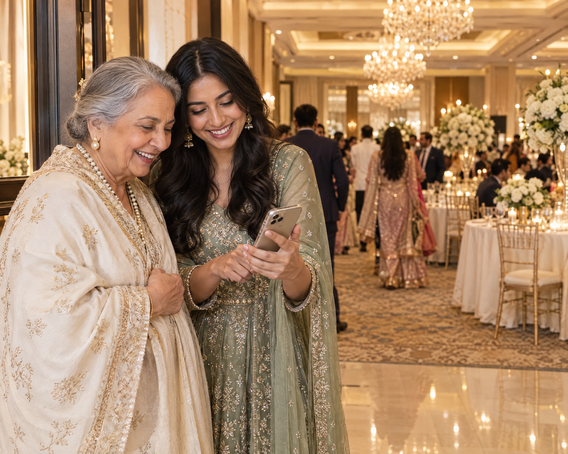 A granddaughter showing her grandmother where her table is on a phone at a wedding